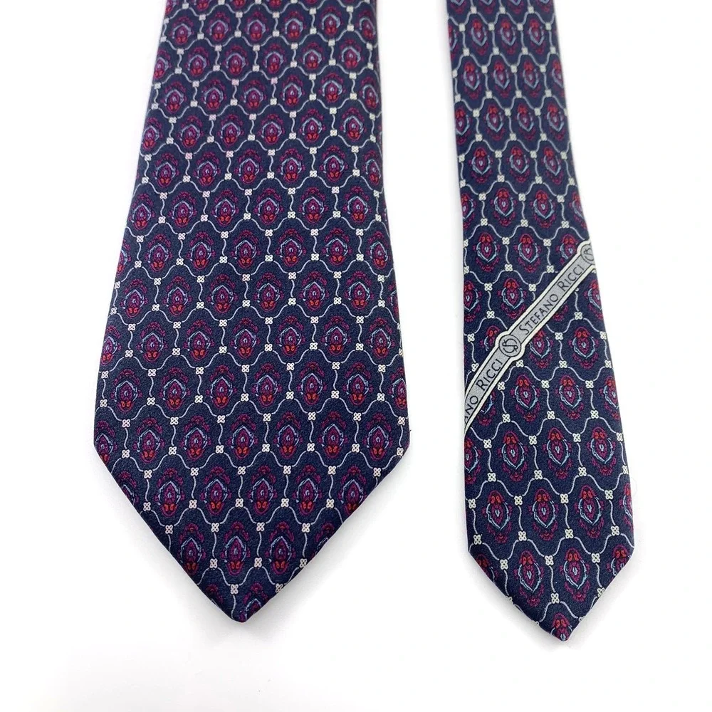 Vintage Stefano Ricci Mens Tie Black w Dark Red Geometric‎ Design Silk Neckwear